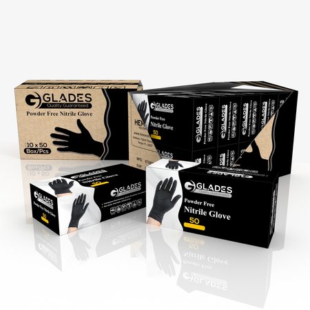 GLADES Nitrile Disposable Gloves, 8 mil Palm , Nitrile, Powder-Free, L, 500 PK, Black L